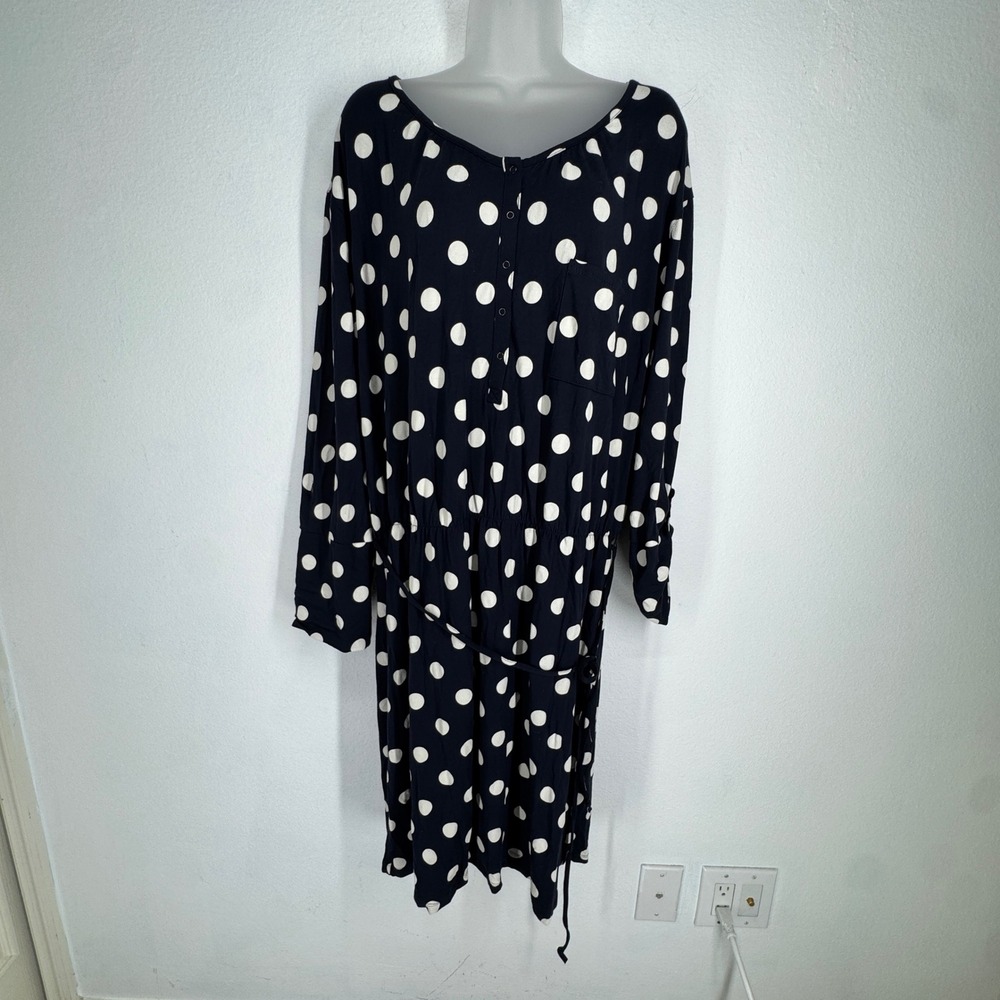 Gap Navy Blue Polka Dot Long Sleeve Belted Dress Size XL NEW Stretch Retro Tie